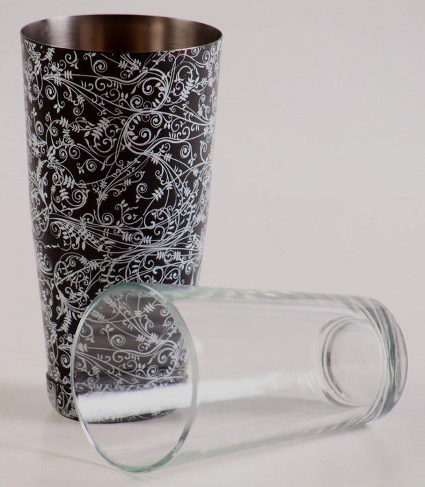 Black Boston Tin with Flower Pattern and Boston Glass  - Bar Blades