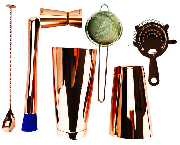 7 Piece Copper Cocktail Set, Tin 28oz & 18oz, 2 Strainers, Spoon, Muddler and Jigger - Bar Blades