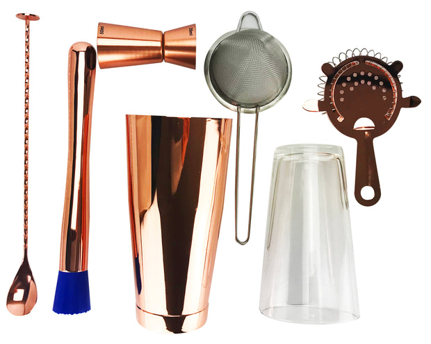 7 Piece Copper Cocktail Set, Tin, Glass, 2 Strainers, Spoon, Muddler and Jigger - Bar Blades