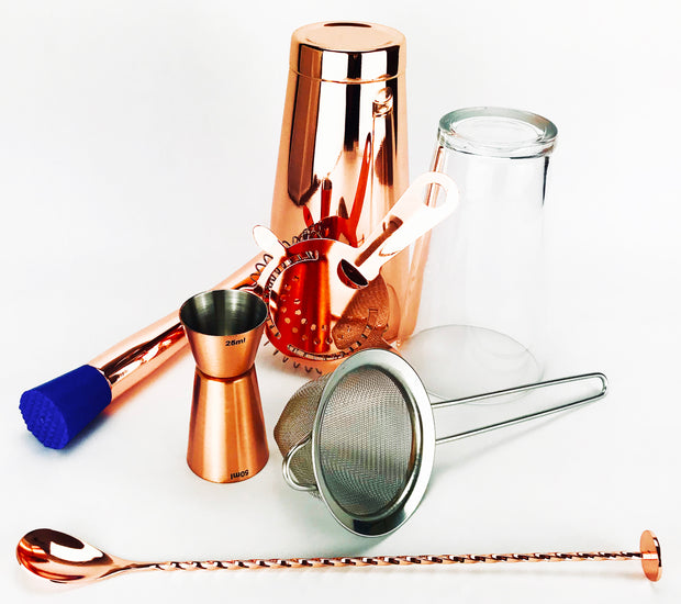 7 Piece Copper Cocktail Set, Tin, Glass, 2 Strainers, Spoon, Muddler and Jigger - Bar Blades