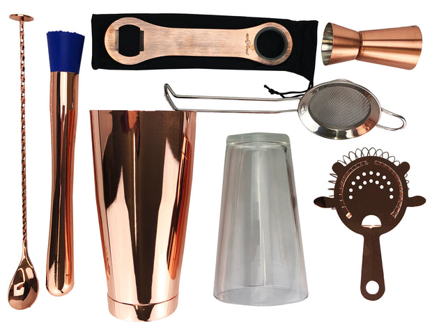 8 Piece Cocktail Making Kit in Copper, Tin on Glass - Bar Blades
