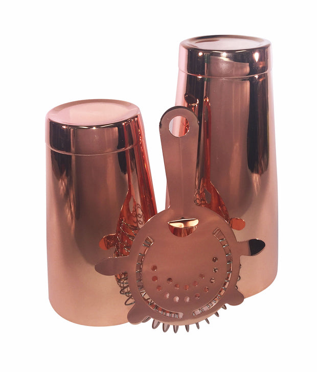 Copper Cocktail Set, 28oz tin, 18oz tin and a 4 Prong Strainer - Bar Blades